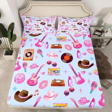 Imagem de jejeloiu Jogo de cama solteiro com estampa de guitarra rosa, gato, vaqueira ocidental, moderno, feminino, azul, rosa, decoração de quarto, lençol com elástico profundo (sem lençol de cima)