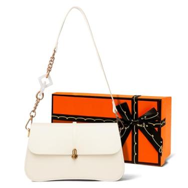 Imagem de Bolsa de ombro de couro bovino dividida - ferragens douradas vintage, caixa de presente de luxo incluída, textura vegana de grão fino, Bege, Small, Simples