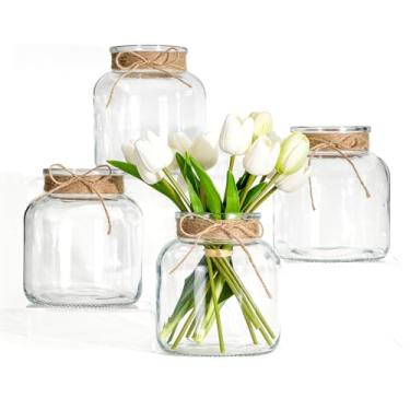 Imagem de Houmury Conjunto de 4 vasos de vidro transparente para centros de mesa, vaso grande de 15 cm com laços de barbante, decoração de casa para casamento, sala de estar, mesa de jantar, escritório (4)