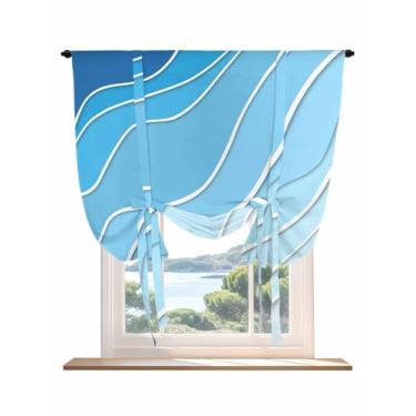 Imagem de Cortina de amarrar para janelas, listra gradiente azul abstrata geométrica balão varão bolso cortina de amarração ajustável para cozinha, água ondulada oceano ombré tratamento de janela 1 painel 106,7