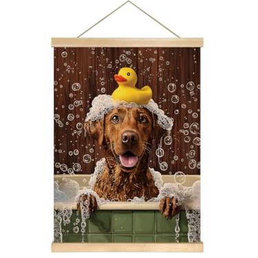 Imagem de Decoração engraçada de arte de parede de banheiro Labrador Retriever com pato de borracha 35 x 45 cm, pôster de parede com estampa de linho de animal fofo, decoração rústica de banho de espuma de casa