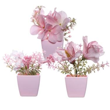 Imagem de Euniah Pacote com 3 pequenos vasos de flores falsas em vasos de plantas, mini cubo branco, decoração de vegetação para decoração de interiores, janela, mesa, escritório, colorido (C)