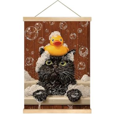 Imagem de Arte de parede Golden Retriever - Cachorro fofo no banho com pato de borracha, pôster de linho de 35,5 x 47 cm para decoração de banheiro, loja de cuidados de animais de estimação ou presente para