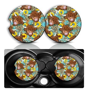 Imagem de Conjunto de 2 porta-copos para carro de vaca Western Highland – Acessórios divertidos para carros de vaca leopardo 7 cm tamanho universal tapete de borracha antiderrapante porta-copos de inserção