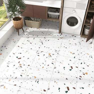 Imagem de Wallderful Pacote com 20 azulejos brancos de terraço para piso laminado colorido à prova d'água adesivo de azulejo de vinil de luxo para porão cozinha casa de banho amarelo verde Mable 30,5 x 30,5 cm