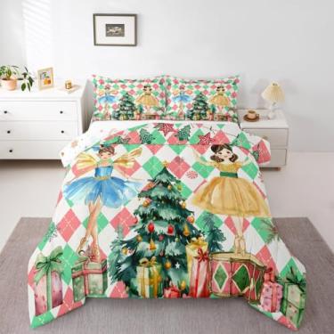 Imagem de jejeloiu Conjunto de cama macio para meninos e meninas, princesa, tamanho casal, verde, árvore de Natal, edredom de microfibra, decoração de quarto, 3 peças com 2 fronhas