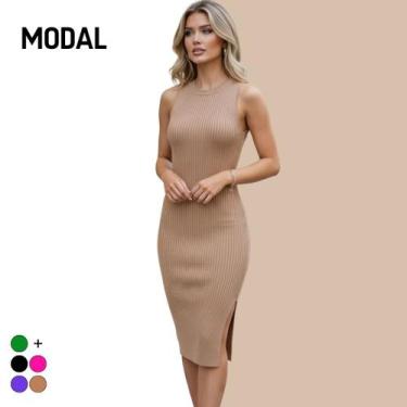 Imagem de Vestido Tricot Modal Midi Sem Manga - Vitrine Collection, Caramelo, U