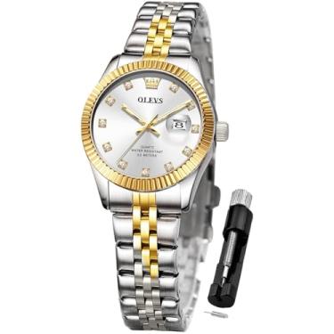 Imagem de OLEVS Relógios femininos para negócios, vestido feminino, para relógio de pulso pequeno, dourado, prateado, pulseira de aço inoxidável, analógico, quartzo, dia, data, à prova d'água, relógios