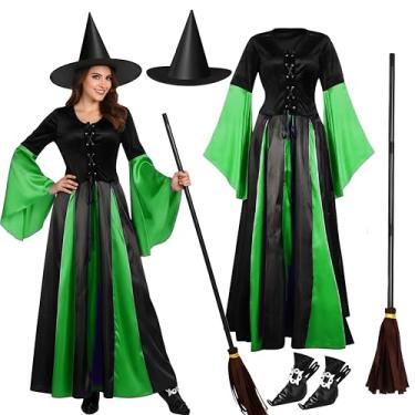Imagem de Liitrsh Conjunto de fantasia feminina de bruxa, vestido clássico de feiticeira com chapéu de bruxa, vassoura, capas de sapato, vestido de Halloween (GG, verde)