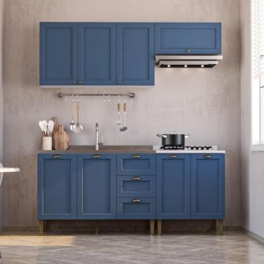 Imagem de Armário Cozinha Americana Modulada Compacta 190cm Com Balcão Para Pia Multimóveis Cr20494 Branco-Azul