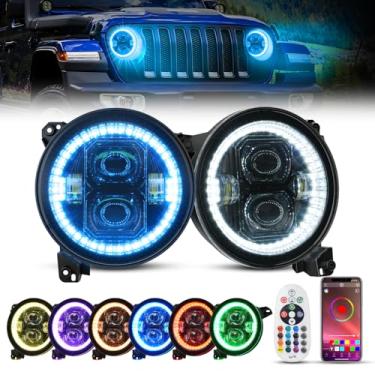 Imagem de SUPAREE Faróis de LED de 23 cm RGB Halo Ring Angel Eyes Controle Remoto de Aplicativo de Telefone 23 cm Rodada DRL Apto para Jeep Wrangler JL Gladiator JT 2018-2023