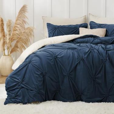 Imagem de BEDELITE Pintuck Conjunto de edredom fofo King Size – Conjunto de edredom azul-marinho de sherpa super macio para cama king size, conjunto de cama quente de luxo para o inverno, conjunto de cama