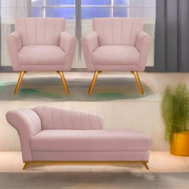 Imagem de Kit Diva Recamier Vanessa 140Cm Lado Direito E 02 Poltronas Laura Suede Cor Rosê