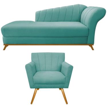 Imagem de Kit Diva Recamier Vanessa 160cm Lado Esquerdo E 01 Poltrona Laura Suede Cor Azul Tiffany