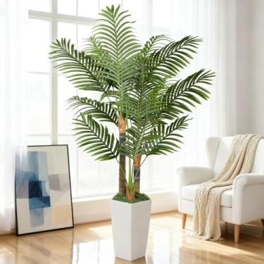 Imagem de Palmeira artificial de 1,5 m, planta de interior de aréca tropical tripla falsa em vaso, plantas artificiais com folhas realistas para decoração de escritório em casa (branca)