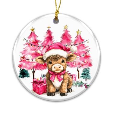 Imagem de Enfeite de Natal de vaca Highland – Decoração de fazenda de árvores de Natal rosa, enfeite de Natal com chapéu de Papai Noel, presente de lembrança de cerâmica para amantes de vacas, família de