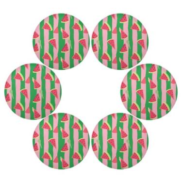 Imagem de Wassud Jogo americano conjunto de 6 tapetes redondos de melancia com listras verdes para cozinha e jantar tapetes laváveis resistentes ao calor para decoração de mesa 39 cm