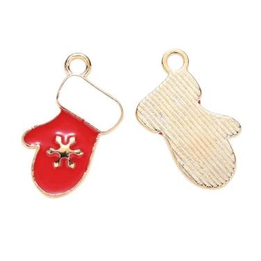 Imagem de Pingentes temáticos de Natal esmaltados de liga de ouro claro, luva vermelha de Natal com pingente de floco de neve, pingente de fabricação de joias a granel para artesanato ou decoração de cenas de
