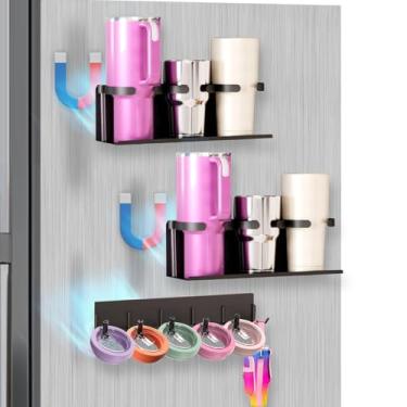 Imagem de Suporte magnético Stanley para organizador de geladeira para copos, tampas e acessórios com economia de espaço para geladeira e cozinha (gancho cilíndrico preto de duas fileiras, 6 copos + suporte de
