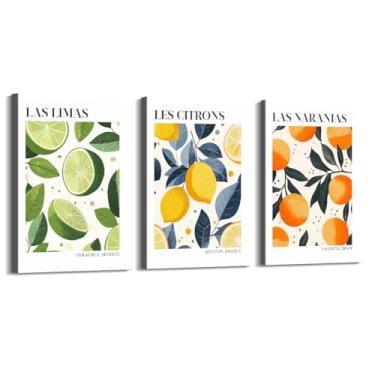 Imagem de Pôster colorido de limão cítrico e laranja impressão mercado de frutas vintage arte de parede decoração de cozinha pintura em tela para sala de jantar e quarto (SKU7-3PCS, 12 x 16 polegadas = (30 x 40
