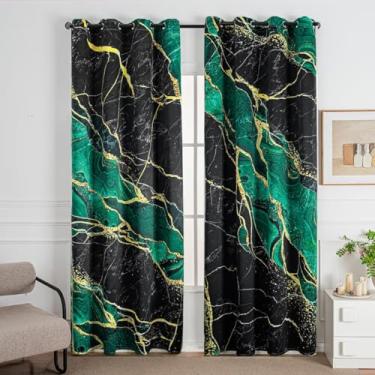 Imagem de Cortinas blecaute de mármore verde 213 cm de comprimento, 2 painéis, arte abstrata, linhas douradas, cortinas escurecidas com isolamento térmico, veias rachadas, textura de cristal, cortina de janela