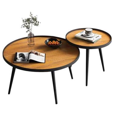 Imagem de Conjunto de 2 mesas de centro pequenas, mesa de centro redonda com moldura de aço, mesa lateral para sala de estar, mesa de centro de madeira, mesa lateral para sala de estar, quarto, escritório (50 +