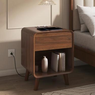Imagem de Nasonet Mesa de cabeceira com estação de carregamento, mesa de cabeceira moderna de meados do século, mesa de cabeceira com gaveta de armazenamento de madeira de 61 cm de altura para quarto, sala de