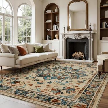 Imagem de Joydeco Tapete de corredor, 12 x 18 cm, antiderrapante, lavável à máquina, corredor, tapete com estampa leve para entrada, corredor, quarto, cozinha e corredor, bege, azul e marrom avermelhado