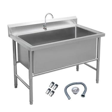Imagem de Pia de aço inoxidável independente, pia de tigela única grande, lavatório de lavagem de preparação e utilidade, banheira de lavanderia de nível comercial, com kit de drenagem e torneira (80 cm/31,5
