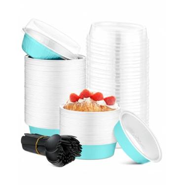 Imagem de Copos para assar com tampas, pacote com 100 mini formas de alumínio de 85 g com tampas e colheres mini formas de bolo para sobremesa, creme brulee, pudim, cupcake (azul)
