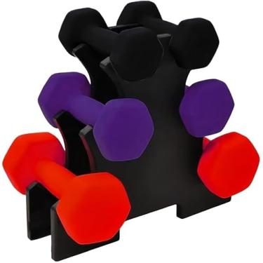 Imagem de Halteres para Treino com Suporte – Conjunto de Pesos 1kg, 2kg e 3kg | Kit para Exercícios em Casa, Tonificação, Fortalecimento e Musculação | Revestimento Antiderrapante