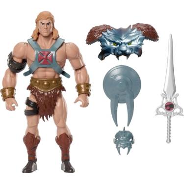 Imagem de Masters of the Universe Origins & ThunderCats Figura de ação articulada de 14 cm da He-Man, cruzamento dos anos 80, brinquedo com armadura intercambiável, espada, escudo e banda desenhada em miniatura