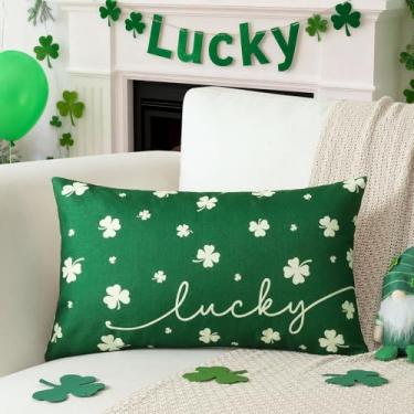 Imagem de OTOSTAR Capa de almofada para o dia de São Patrício, 40,6 x 61 cm, verde e bege, trevo de São Patrício, decoração para atividades ao ar livre, fazenda, trevo da sorte, capa de almofada lombar para