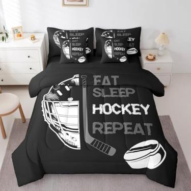 Imagem de Erosebridal Conjunto de cama infantil Eat Sleep Hockey para meninos de hóquei, tamanho solteiro, com lençol e fronha, 7 peças, cama em uma bolsa, conjunto de cama infantil de hóquei no gelo, edredom