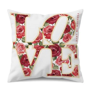 Imagem de UZFNY Capa de almofada Love Throw 45 x 45 cm, capa de almofada floral rosa vermelha para decoração do dia dos namorados, fronha romântica dupla face para sofá decoração de casa