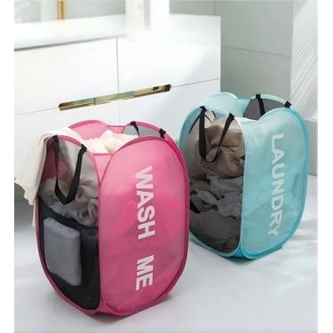 Imagem de Cesto de roupa suja dobrável grande, cesto de armazenamento espesso resistente ao desgaste com alças e bolso de malha, design que economiza espaço, adequado para banheiro, dormitório ou armário para