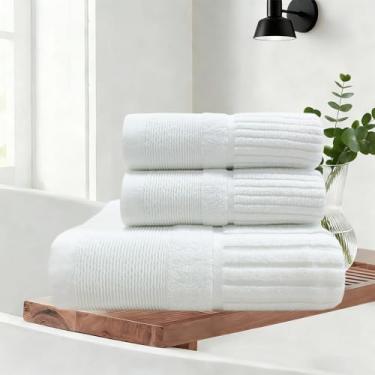 Imagem de USTIDE Conjunto de toalhas de banho e rosto de algodão penteado com listras sutis brancas de 3 peças para uso diário de hotel spa academia (1 toalha de banho, 2 toalhas de mão)