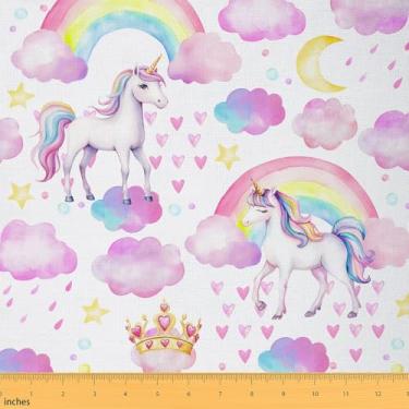 Imagem de Tecido de unicórnio sonhador por jarda, tecido de estofamento de céu estrelado rosa feminino, tecido decorativo com estampa de arco-íris de coroa de princesa, suprimentos de costura de grafite de céu
