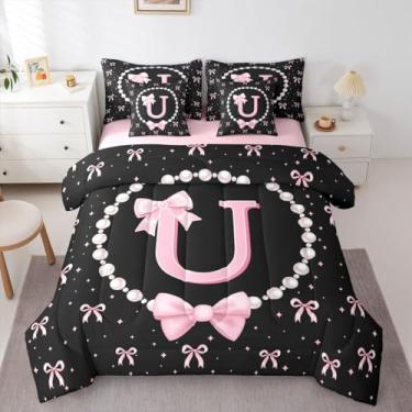 Imagem de Erosebridal Conjunto de edredom solteiro com laço rosa e preto, monograma, inicial U, 7 peças, para meninas, crianças, lençol de cima, lençol com elástico, lençol de cima, com laço fofo