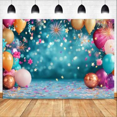 Imagem de Fita de fundo, balões coloridos e fogos de artifício, festa de anivers