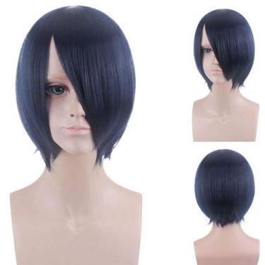 Imagem de Peruca de cosplay curta azul escuro de 35 cm com franja lateral para t
