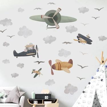 Imagem de Adesivos de parede: desenho animado, piloto, avião e balão de ar quent