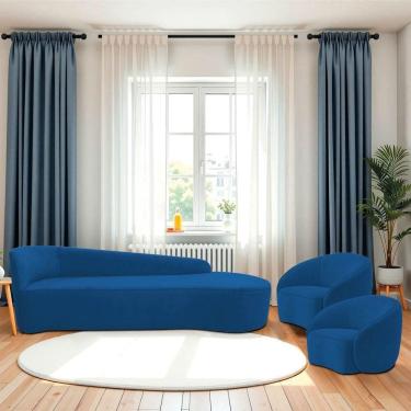 Imagem de Kit Divã Recamier Orgânico França 200cm Lado Direito E 2 Poltronas Amore Linho Azul Royal