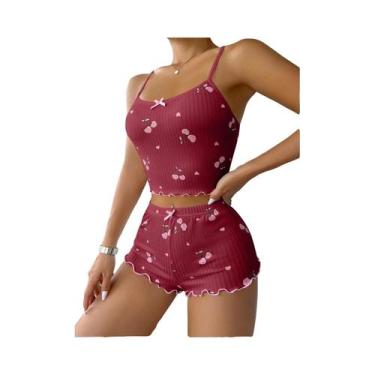 Imagem de Conjunto De Pijama Feminino Com Estampa De Corações, Sem Costas, Com D