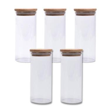 Imagem de 5un Pote De Vidro Com Tampa De Bambu 450ml Frascos Porta Temperos - Ma