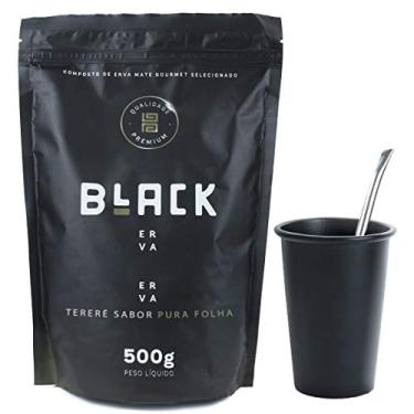Imagem de KIT COMPLETO COPO DE TERERÉ PRETO 350ML + BOMBA DE TERERE + BLACK ERVA 500G (Pura Folha)