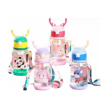 Imagem de Garrafa Infantil Água Alce Fofa com Canudo com Alça Ideal Para Escola e Passeios Portátil Antivazamento Hidratação Segura Crianças (Rosa)