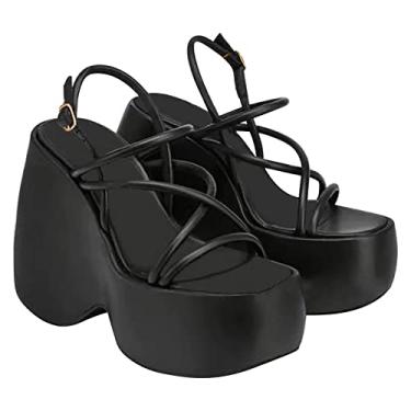 Imagem de CsgrFagr Sapatos femininos plataforma alta com sandálias sensuais inclinação com alça fina tira aberta dedo do pé sapatos romanos sandálias femininas 8, Preto, 7