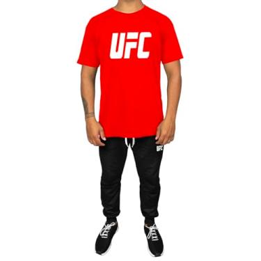 Imagem de Kit Conjunto Masculino Camiseta Algodão e Calça Moletom Casual Estampado UFC (Vermelho, M)
