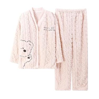 Imagem de LUBOSE Pijama feminino confortável, conjunto de pijama feminino, pijama de veludo coral feminino, pijama térmico feminino, dois conjuntos de pijama, Bege1, GG